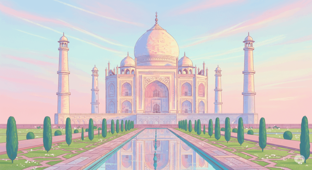 Illustrazione stilizzata del Taj Mahal in India per la sezione certificazioni yoga di Massimo Colognesi.